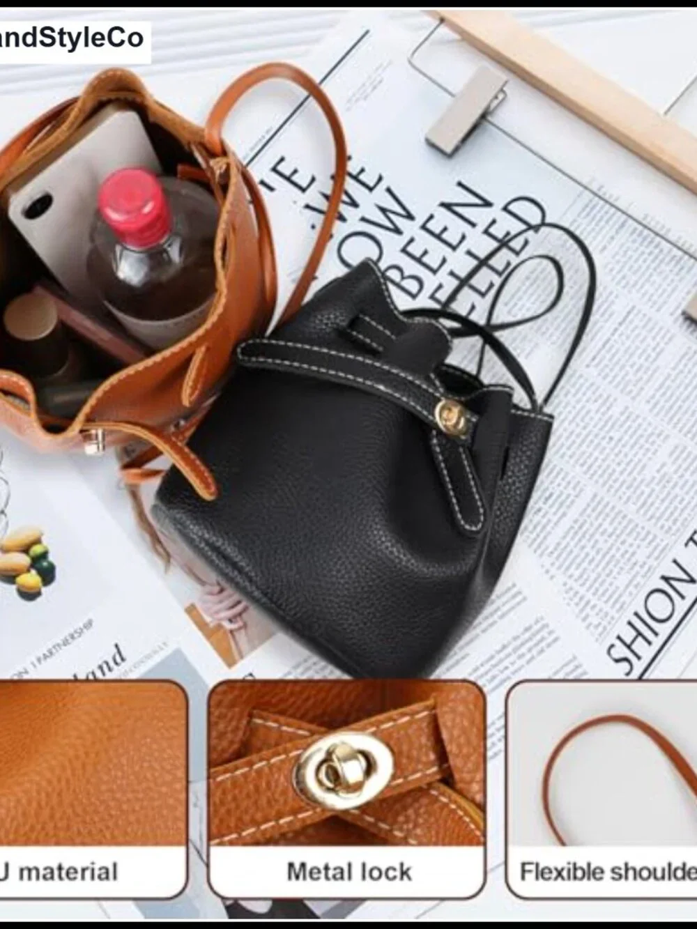 Small Leather Bucket Crossbody Purse Ladies Hobo Bag Adjustable Strap